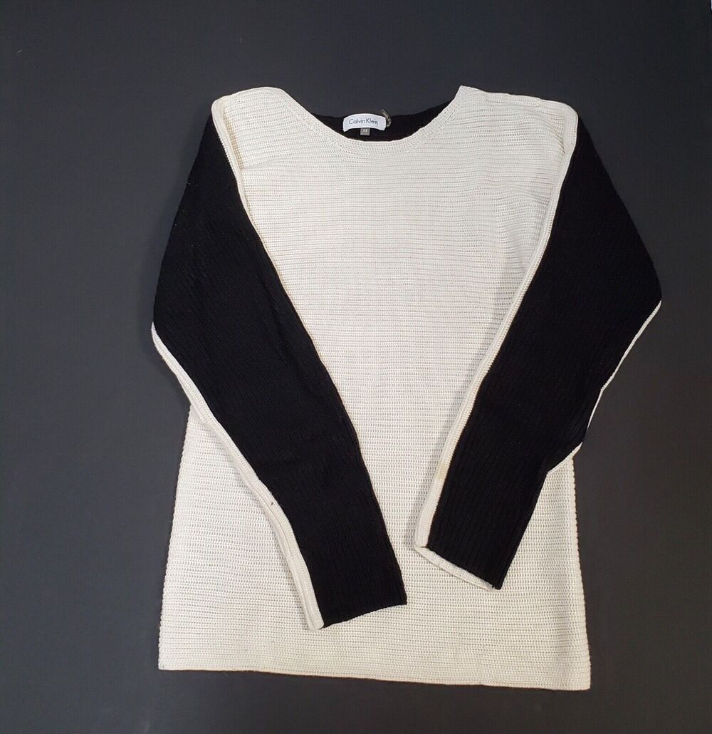 Calvin Klein Womens XS Sweater White Black Colorblock Long Sleeve Knit